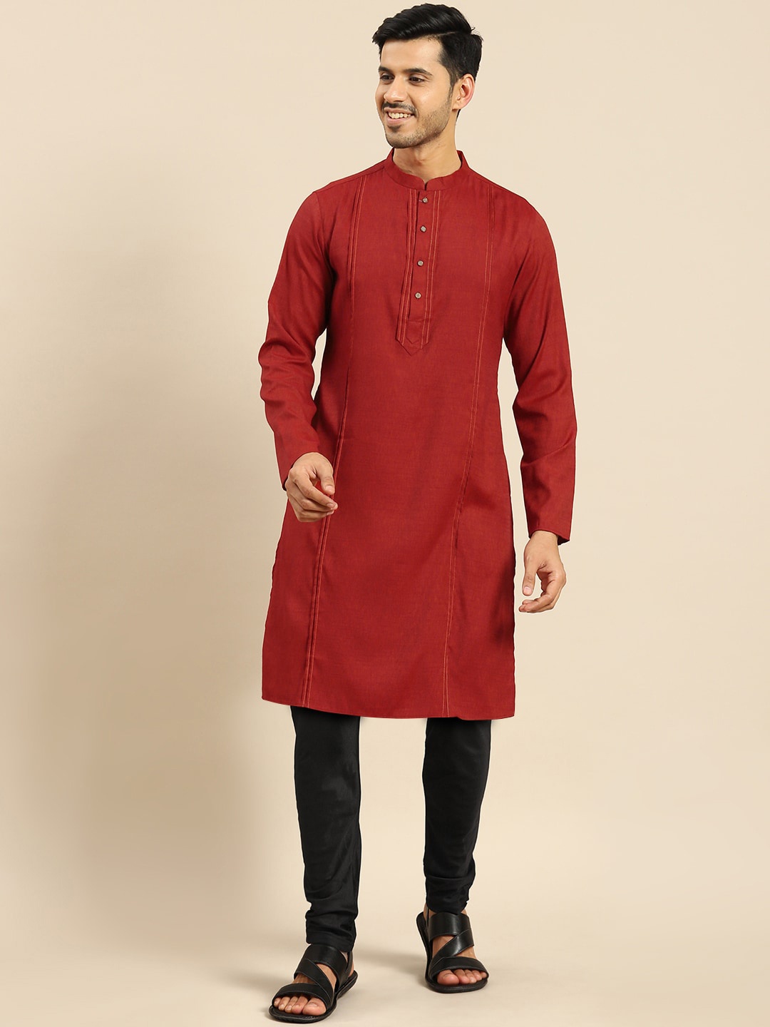 

Amodh by Kisah Men Red Striped Panelled Kurta with Churidar