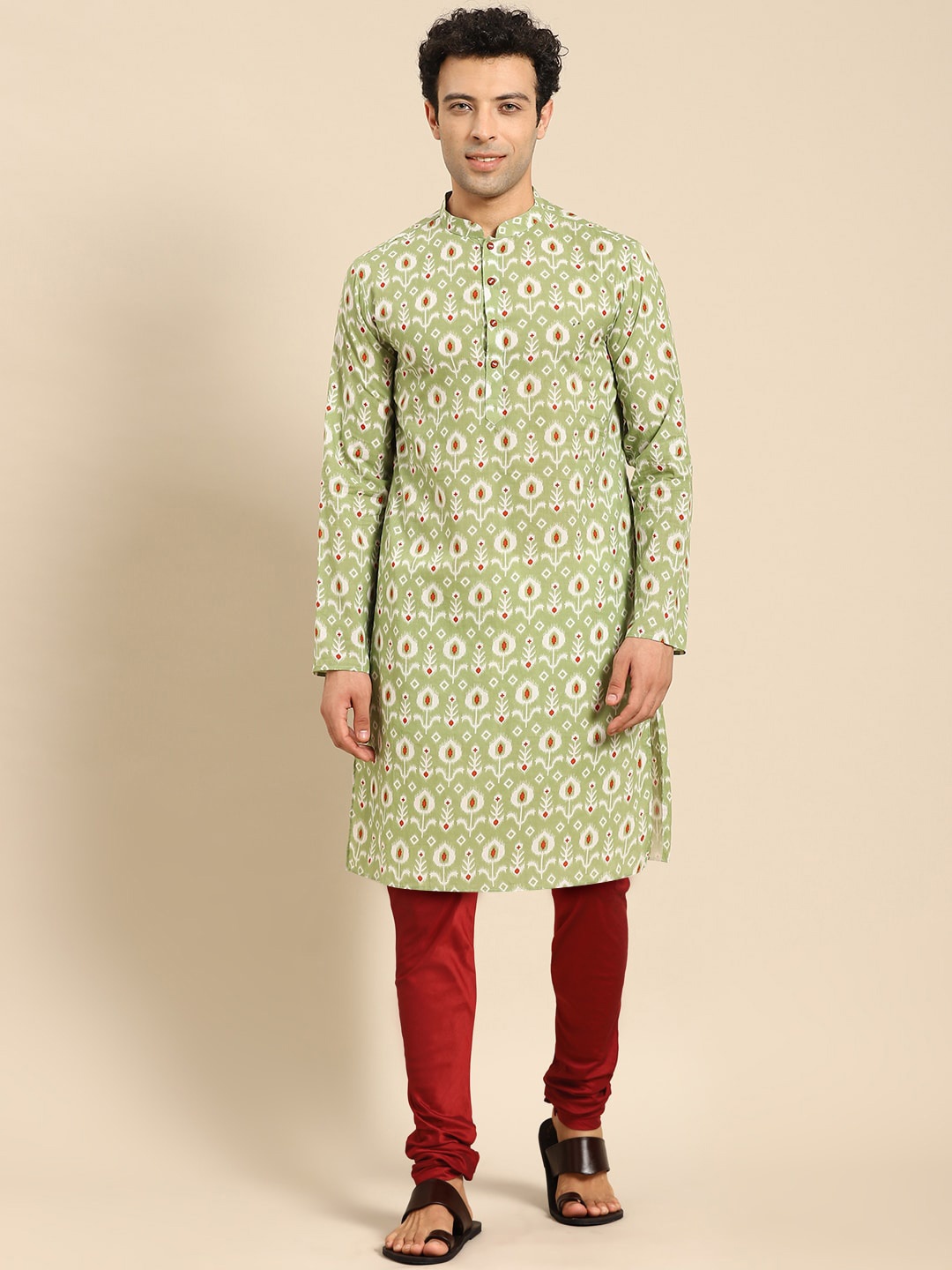 

Amodh by Kisah Men Green Ethnic Motifs Printed Kurta with Churidar