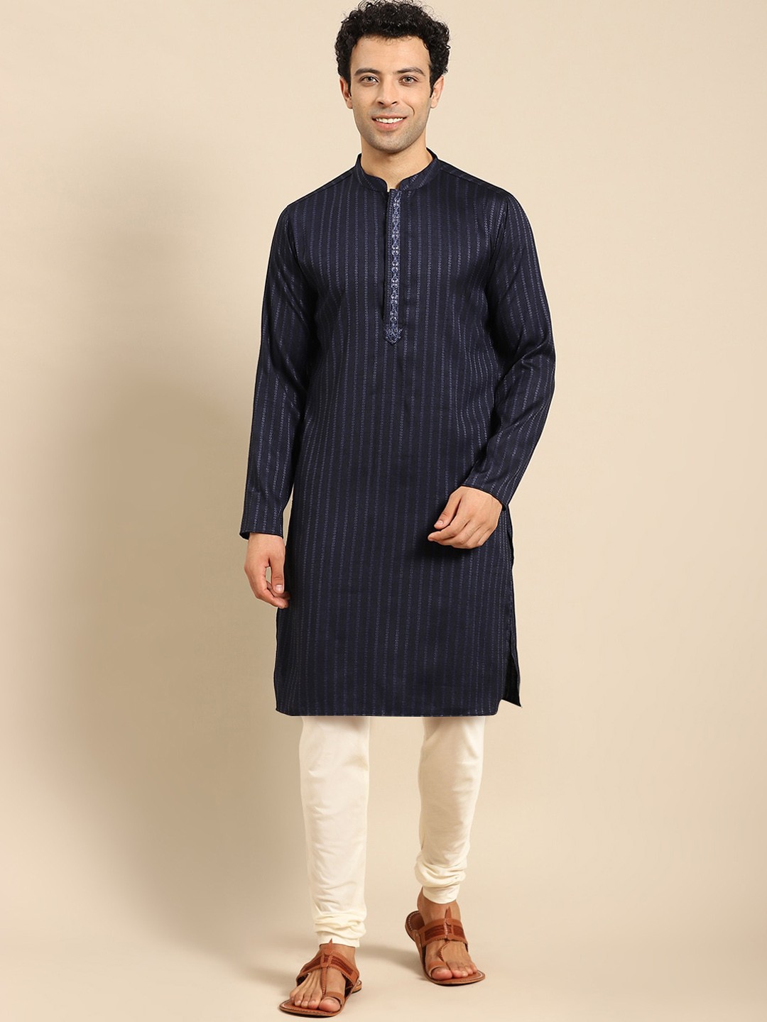 

Amodh by Kisah Men Navy Blue Ethnic Motifs Striped Thread Work Kurta with Churidar