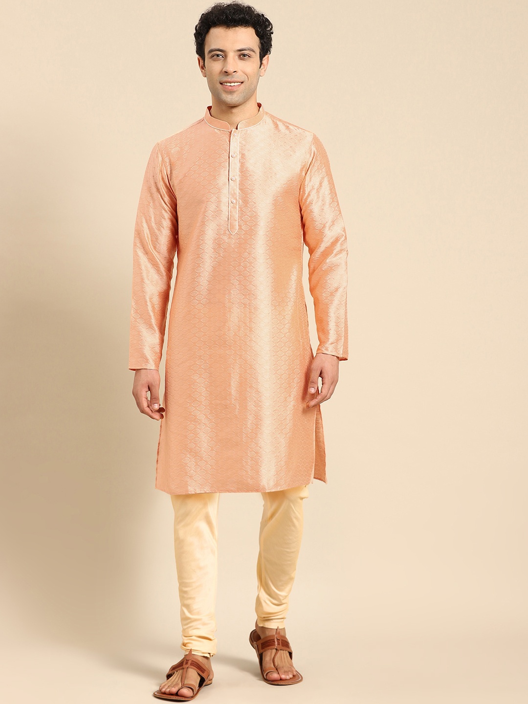 

Amodh by Kisah Men Peach-Coloured Embroidered Beads and Stones Kurta with Churidar