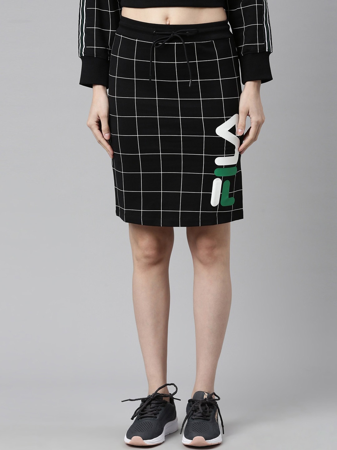 

FILA Women Black Checked Above Knee Organic Cotton Pencil Skirt
