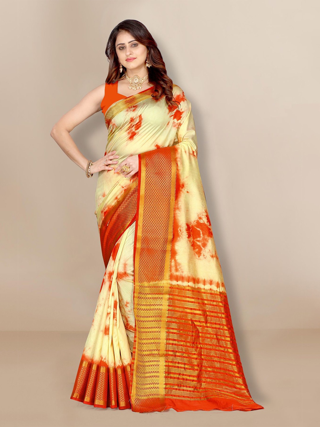 

VAIRAGEE Orange & Cream-Coloured Tie and Dye Zari Saree