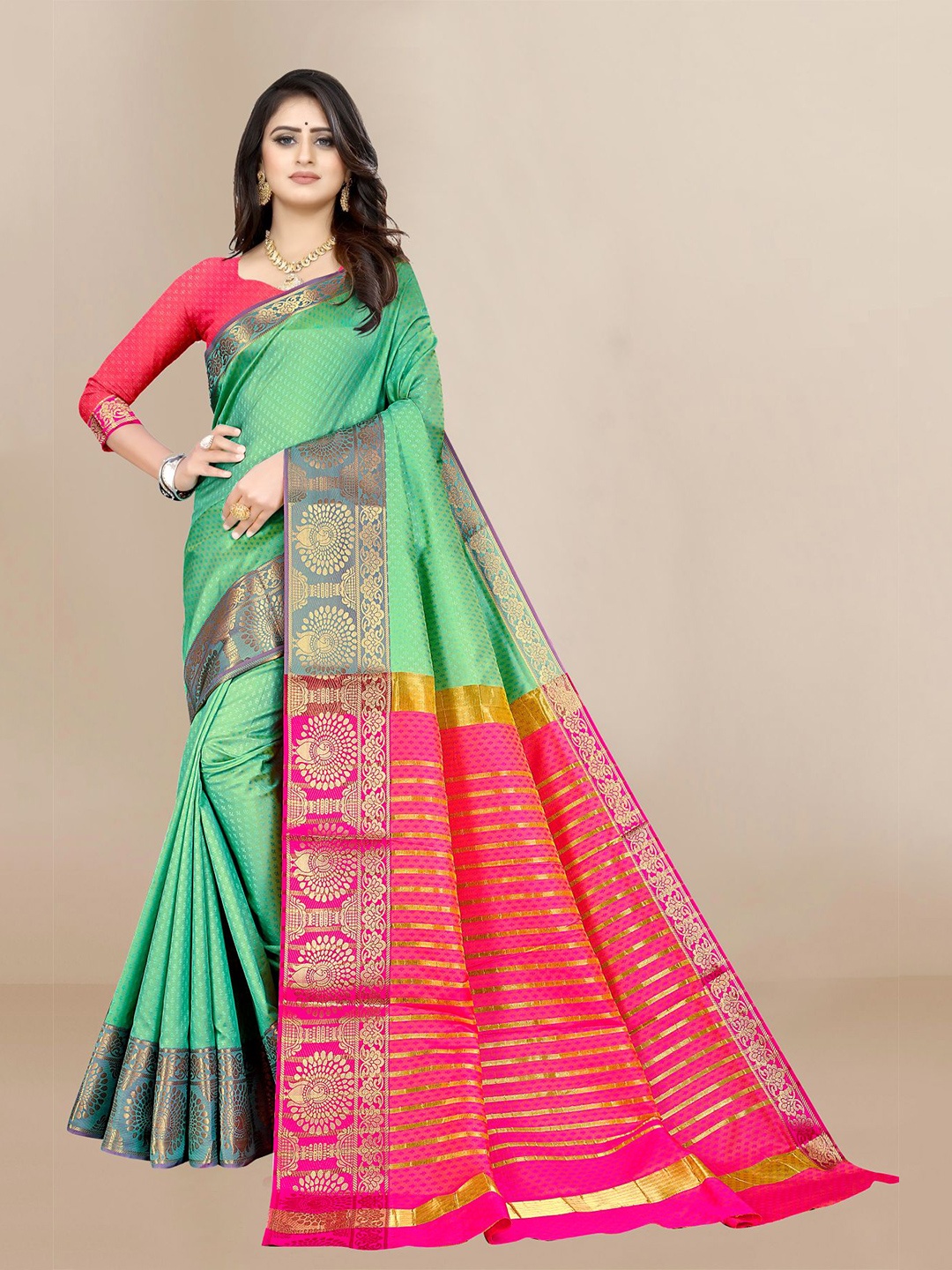 

VAIRAGEE Lime Green & Pink Woven Design Saree