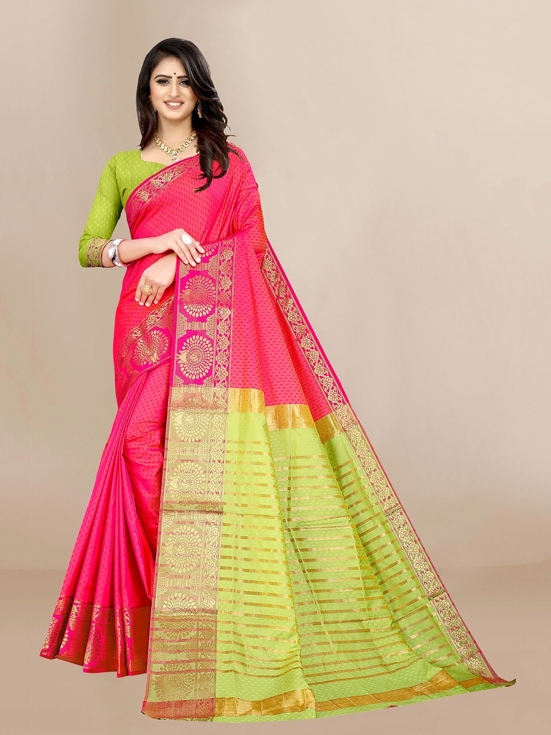 

VAIRAGEE Pink & Green Woven Design Zari Saree