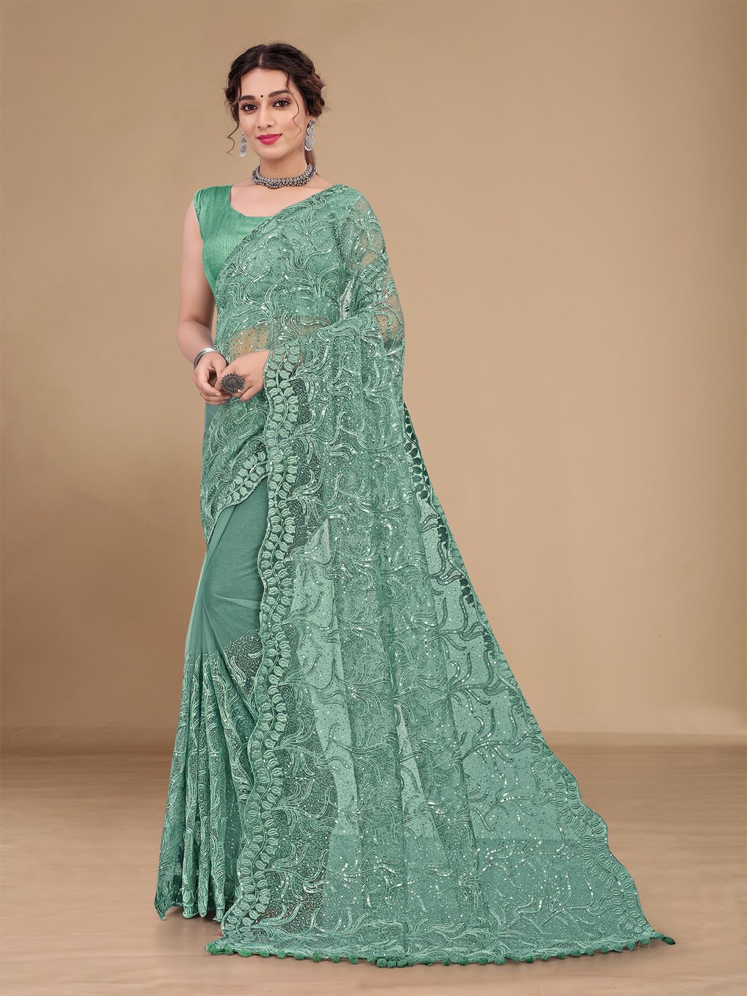 

VAIRAGEE Sea Green Embellished Sequinned Net Saree