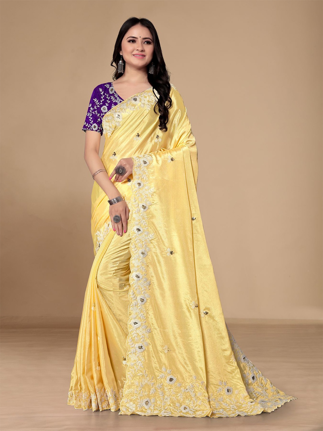 

VAIRAGEE Yellow & Purple Embellished Embroidered Saree