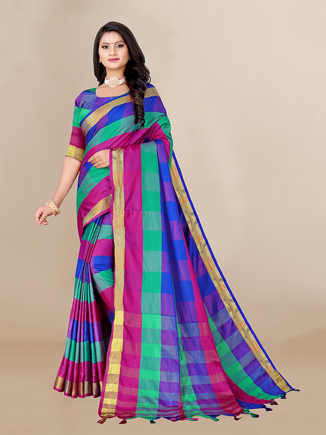 

VAIRAGEE Blue & Green Checked Silk Cotton Saree