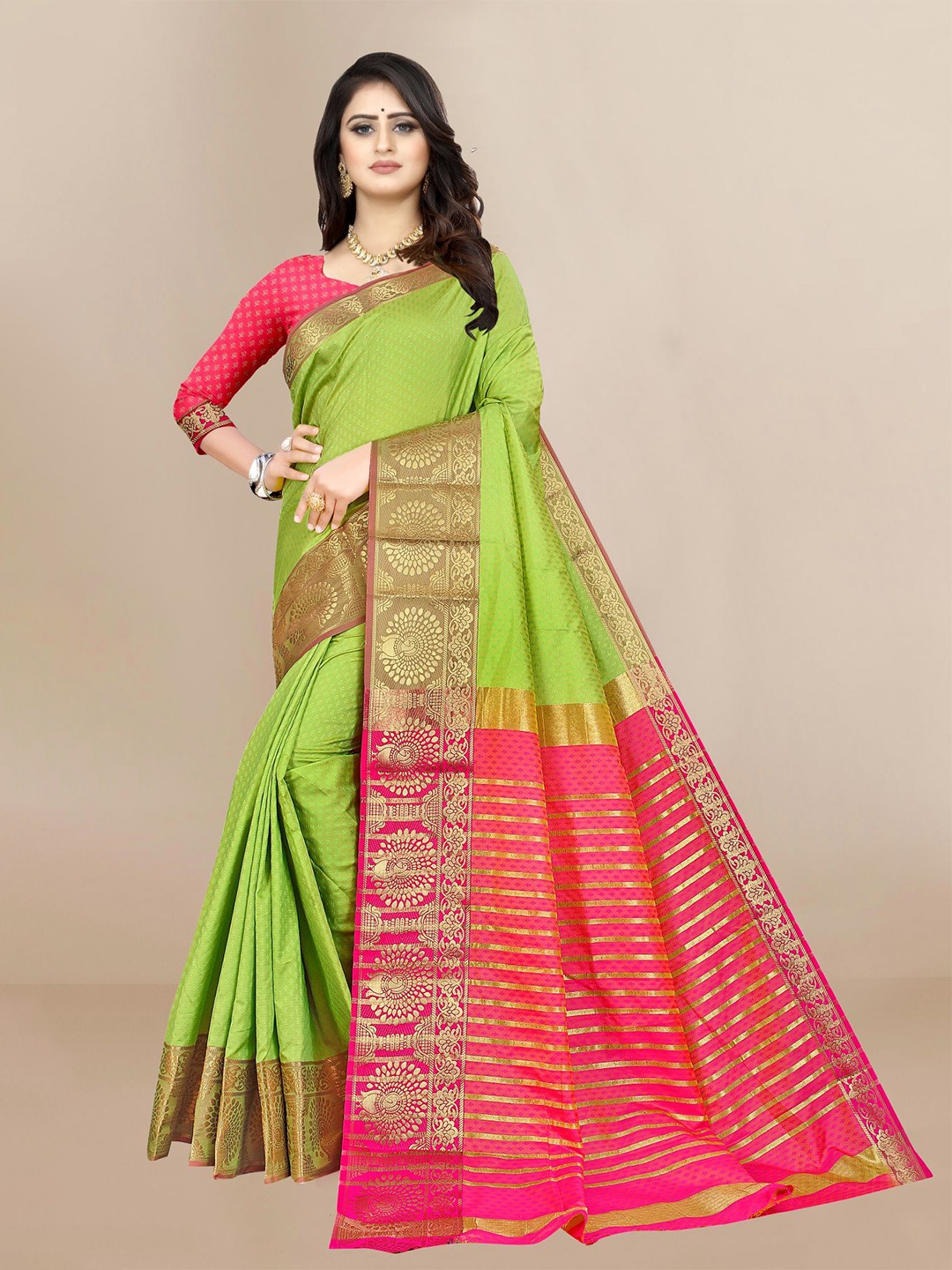 

VAIRAGEE Green & Pink Ethnic Motif Zari Kanjeevaram Saree