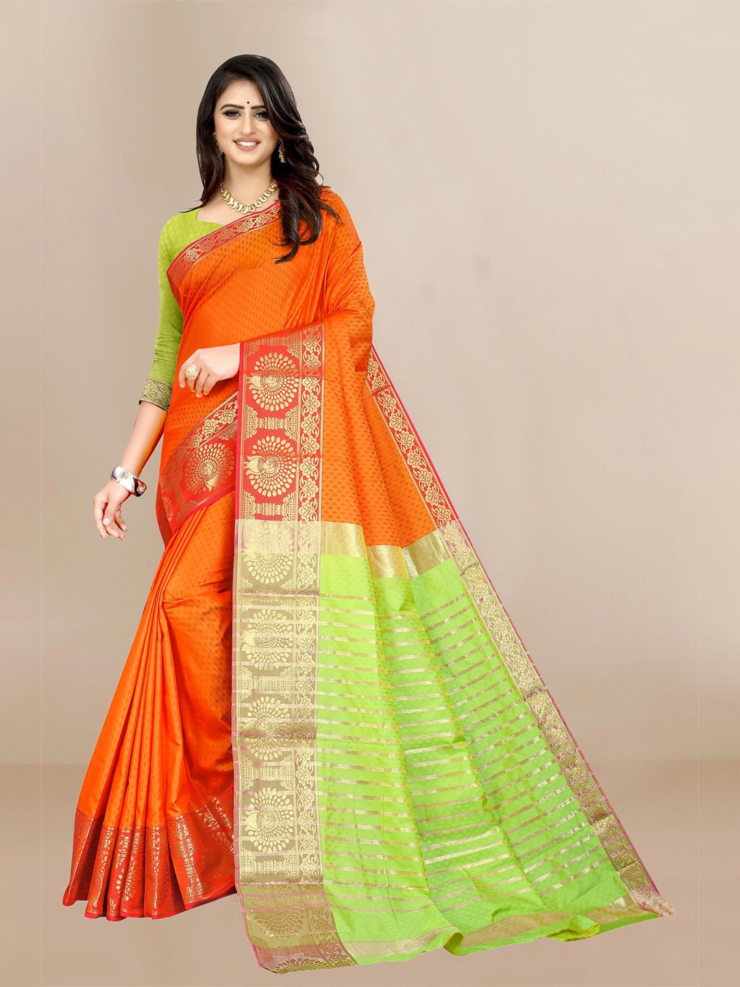 

VAIRAGEE Orange & Fluorescent Green Ethnic Motif Zari Kanjeevaram Saree