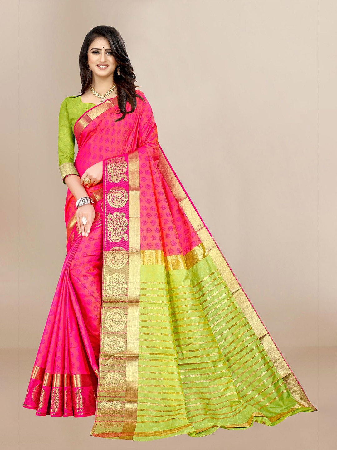 

VAIRAGEE Pink & Fluorescent Green Ethnic Motif Zari Kanjeevaram Saree