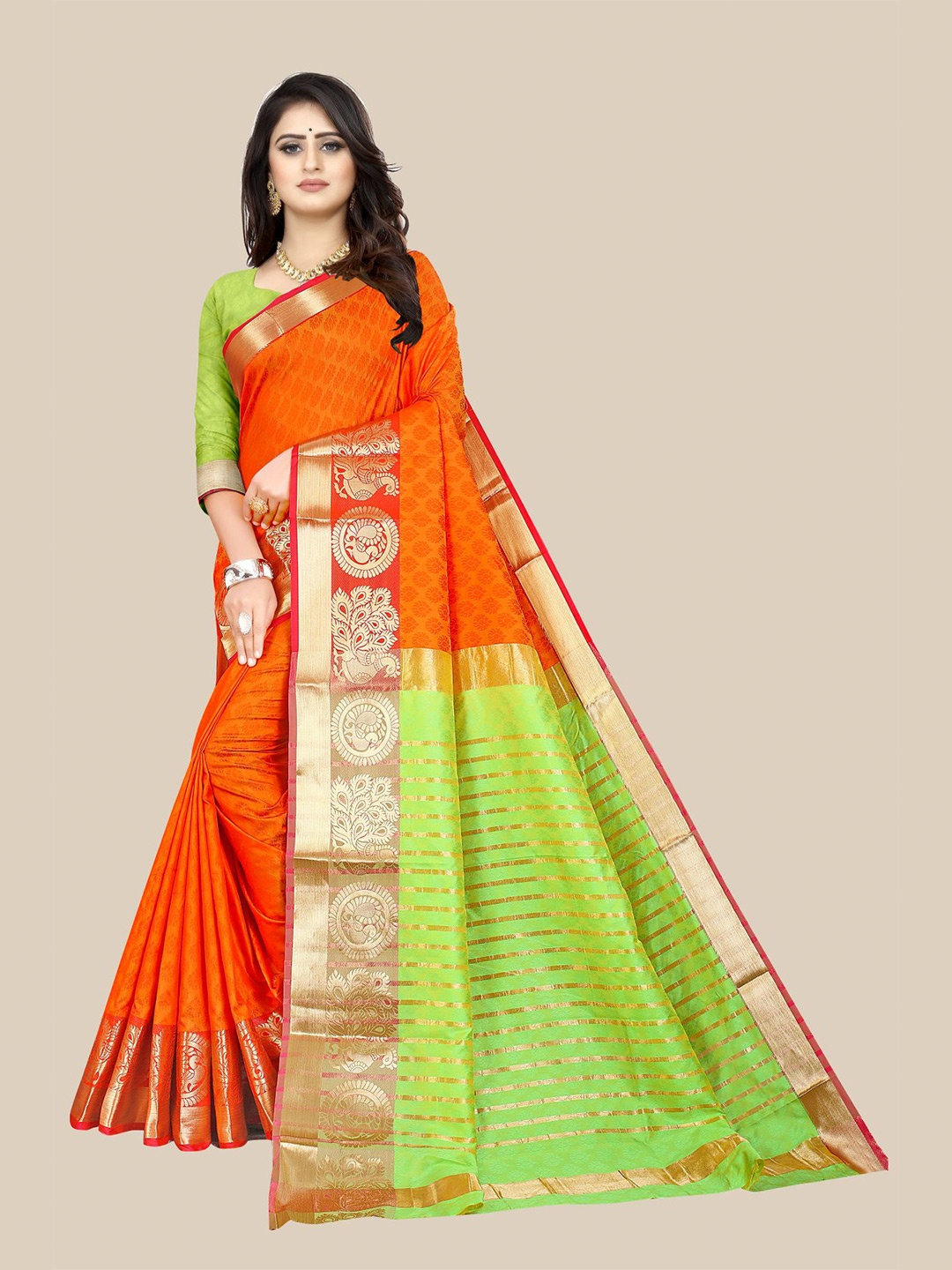 

VAIRAGEE Orange & Green Ethnic Motifs Zari Kanjeevaram Saree