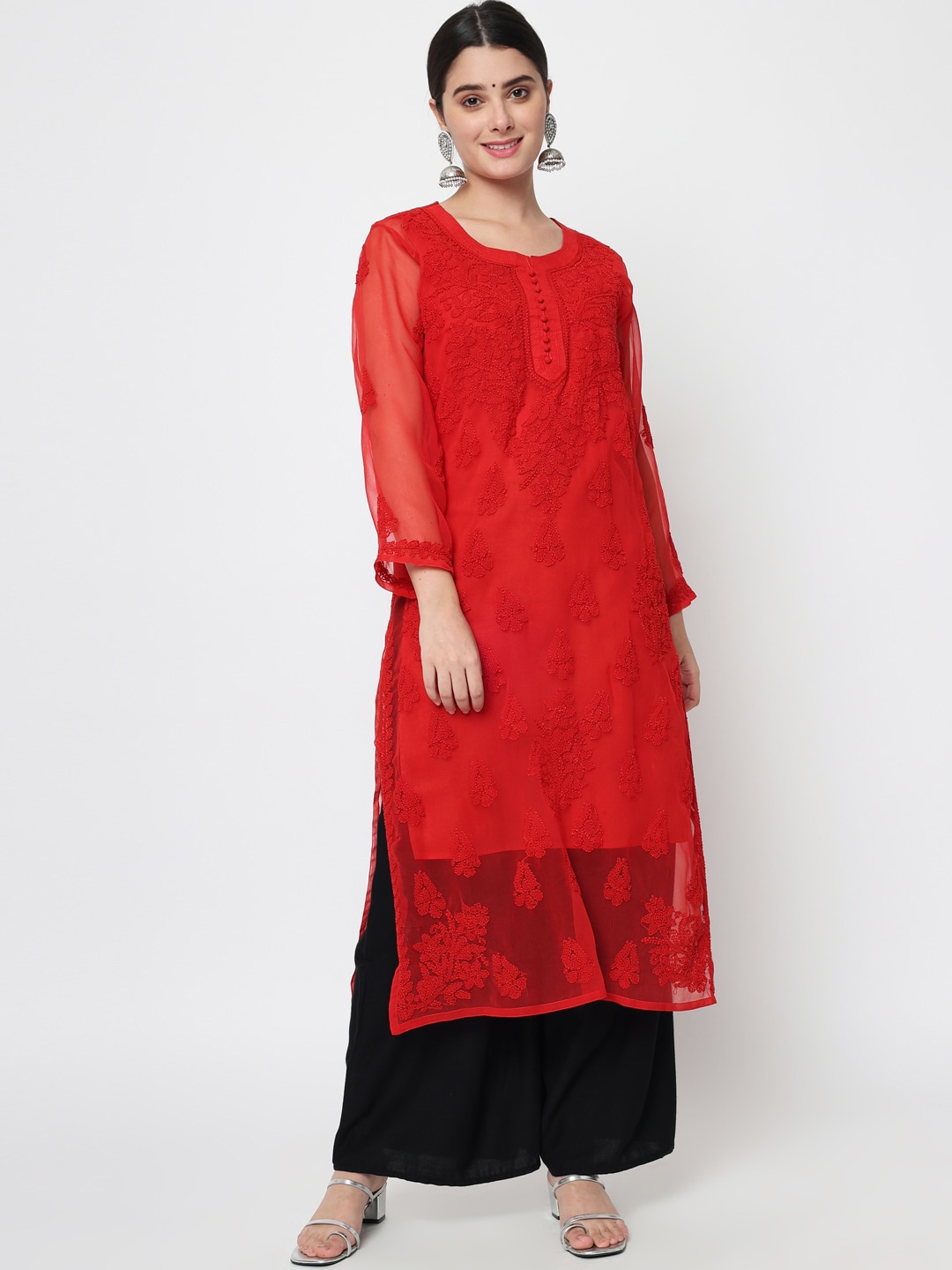 

PARAMOUNT CHIKAN Women Red Ethnic Motif Hand Embroidered Chikankari Kurta With Slip