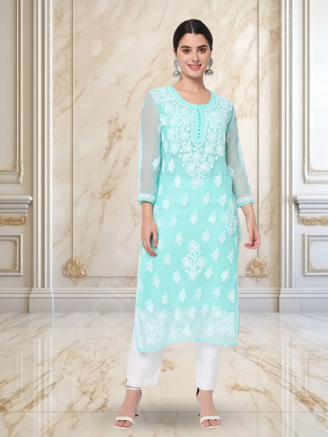 

PARAMOUNT CHIKAN Women Sea Green Embroidered Chikankari Georgette Kurta With Matching Slip