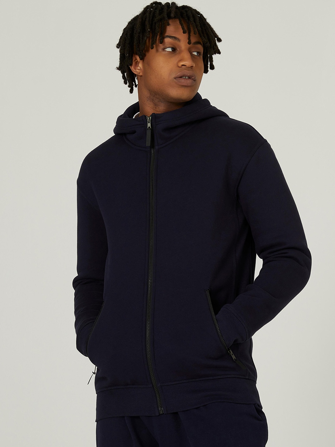 

NYAMBA By Decathlon Men Navy Blue Solid Training or Gym Hooded Tailored Jacket