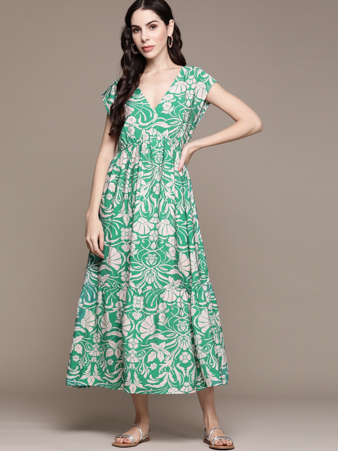 

MANGO Green & Off White Floral Printed Sustainable A-Line Midi Dress