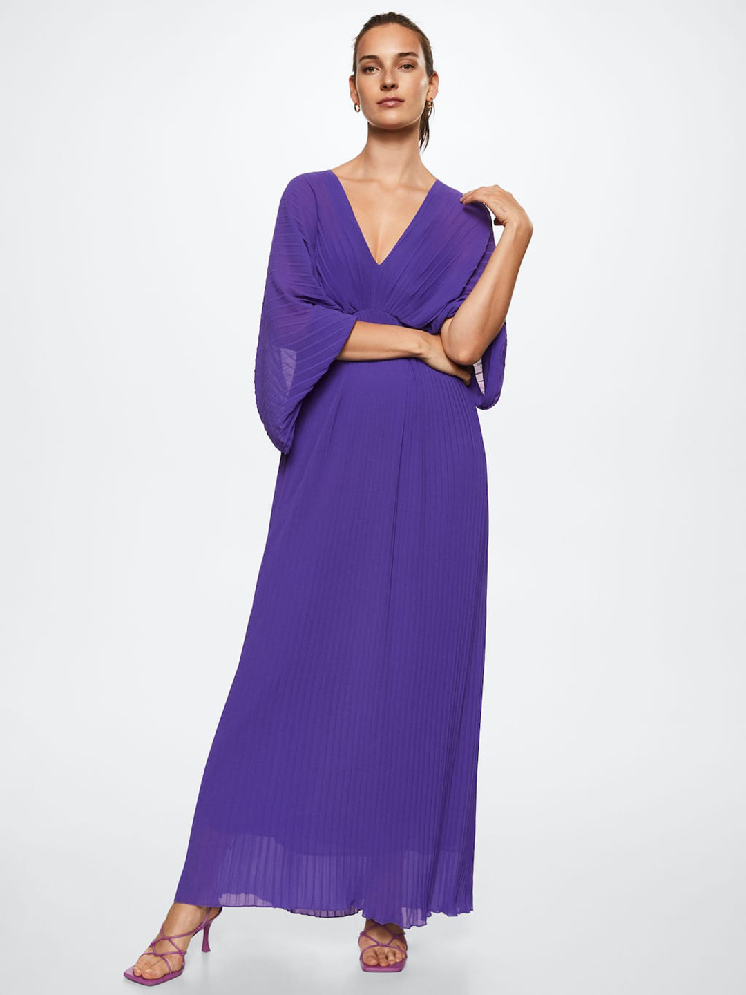 

MANGO Purple Solid Accordion Pleated Maxi Sustainable Dress