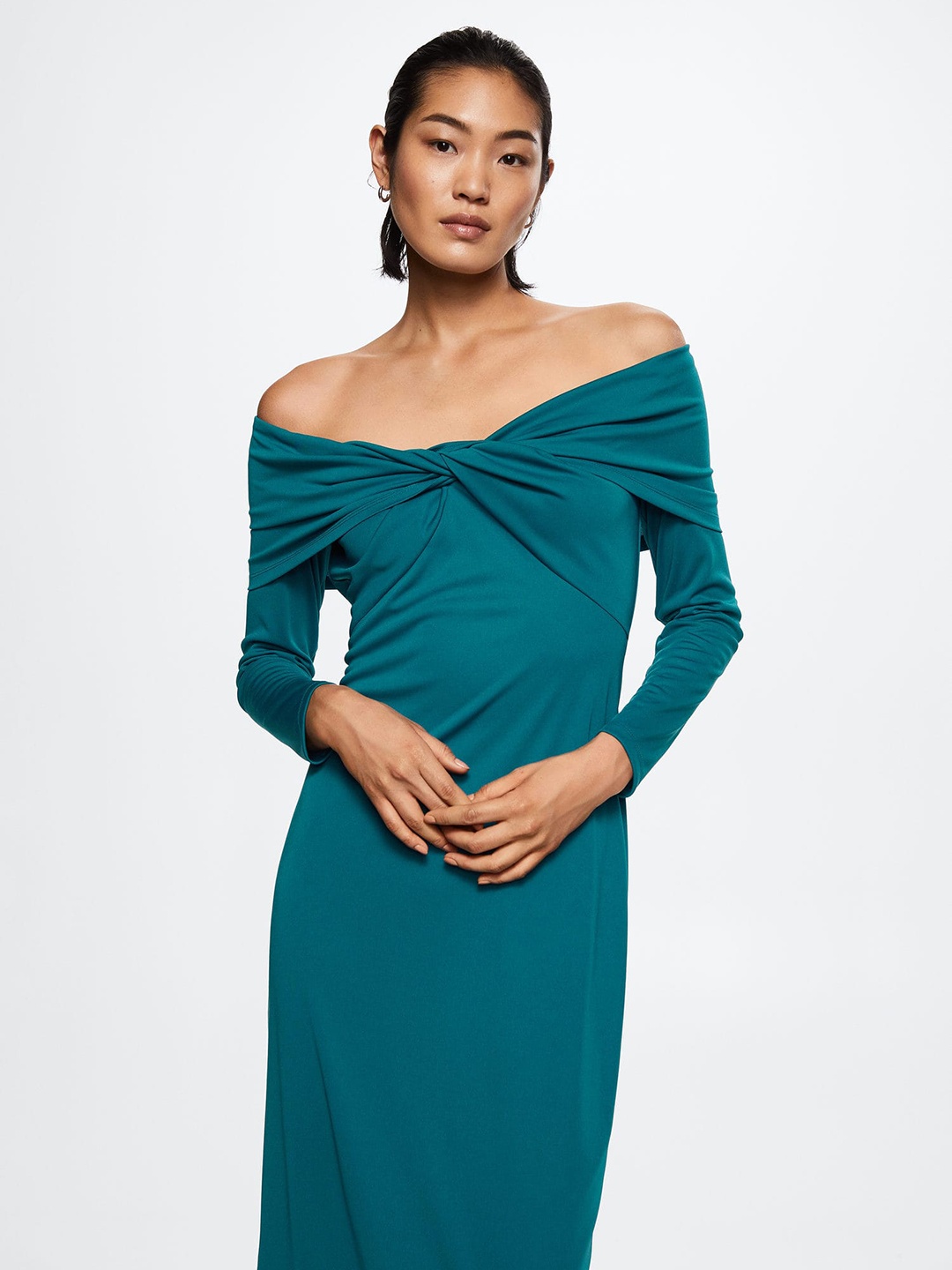 

MANGO Teal Blue Off-Shoulder Satin Sheath Midi Sustainable Dress