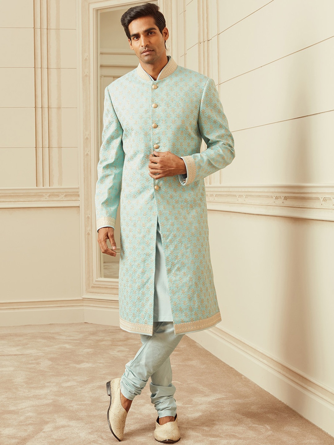 

Tasva Men Turquoise Blue Woven Design Banaras Brocade Sherwani Set