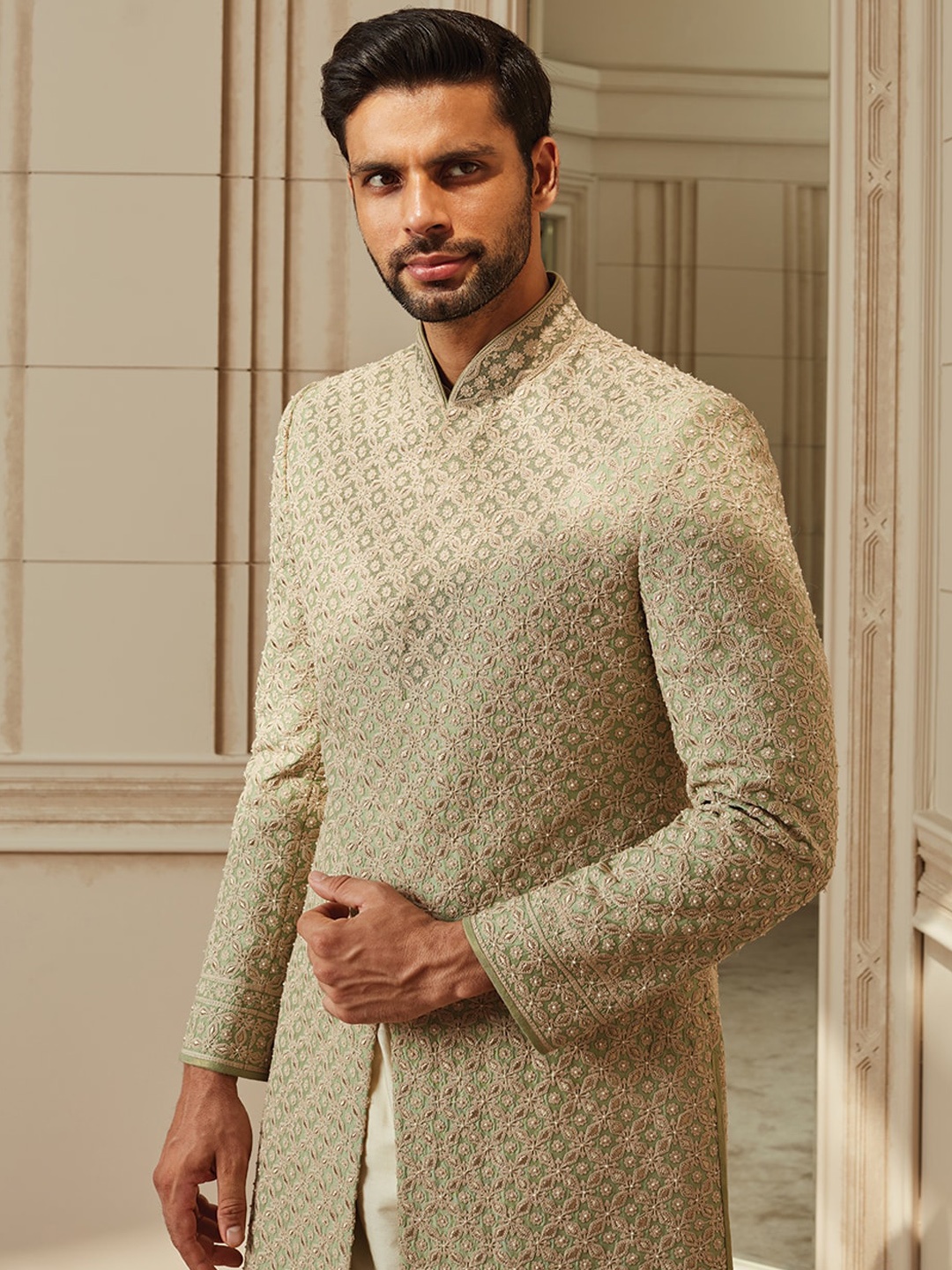 

Tasva Men Green Embroidered Silk Sherwani Set