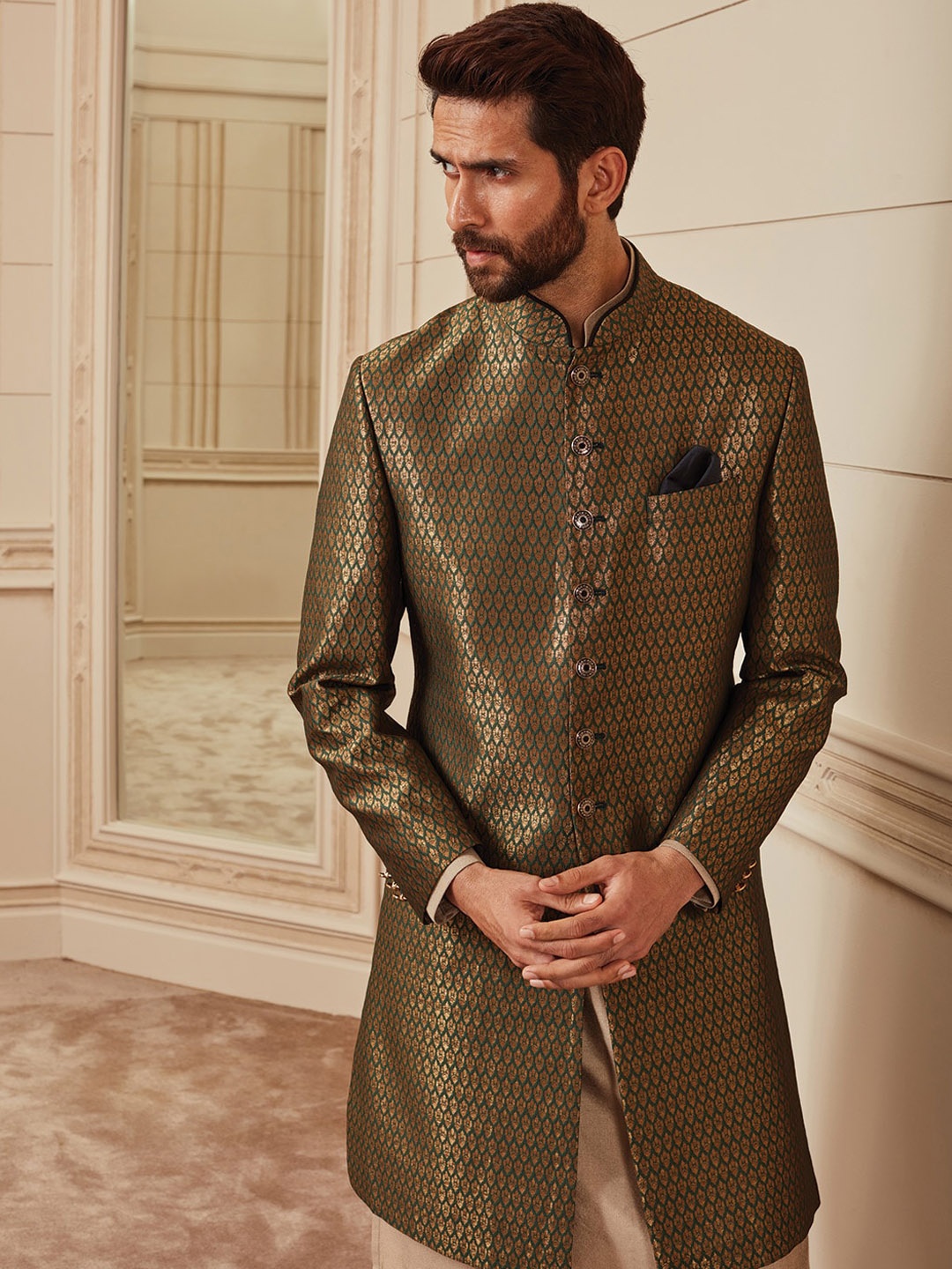 

Tasva Men Green Woven Design Brocade Achkan Set