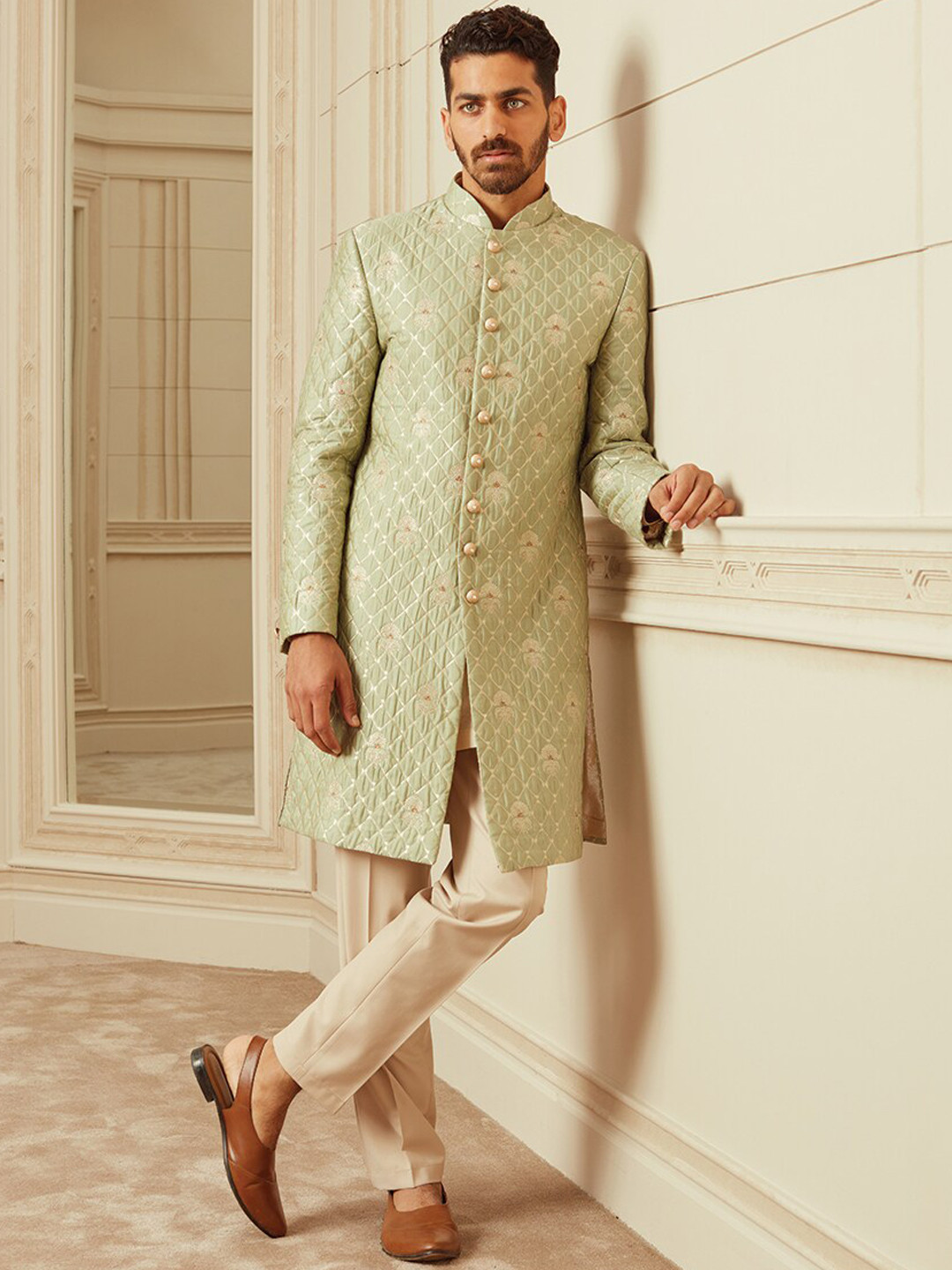 

Tasva Men Fine Brocade Quilted Achkan With Tapered Trousers, Green