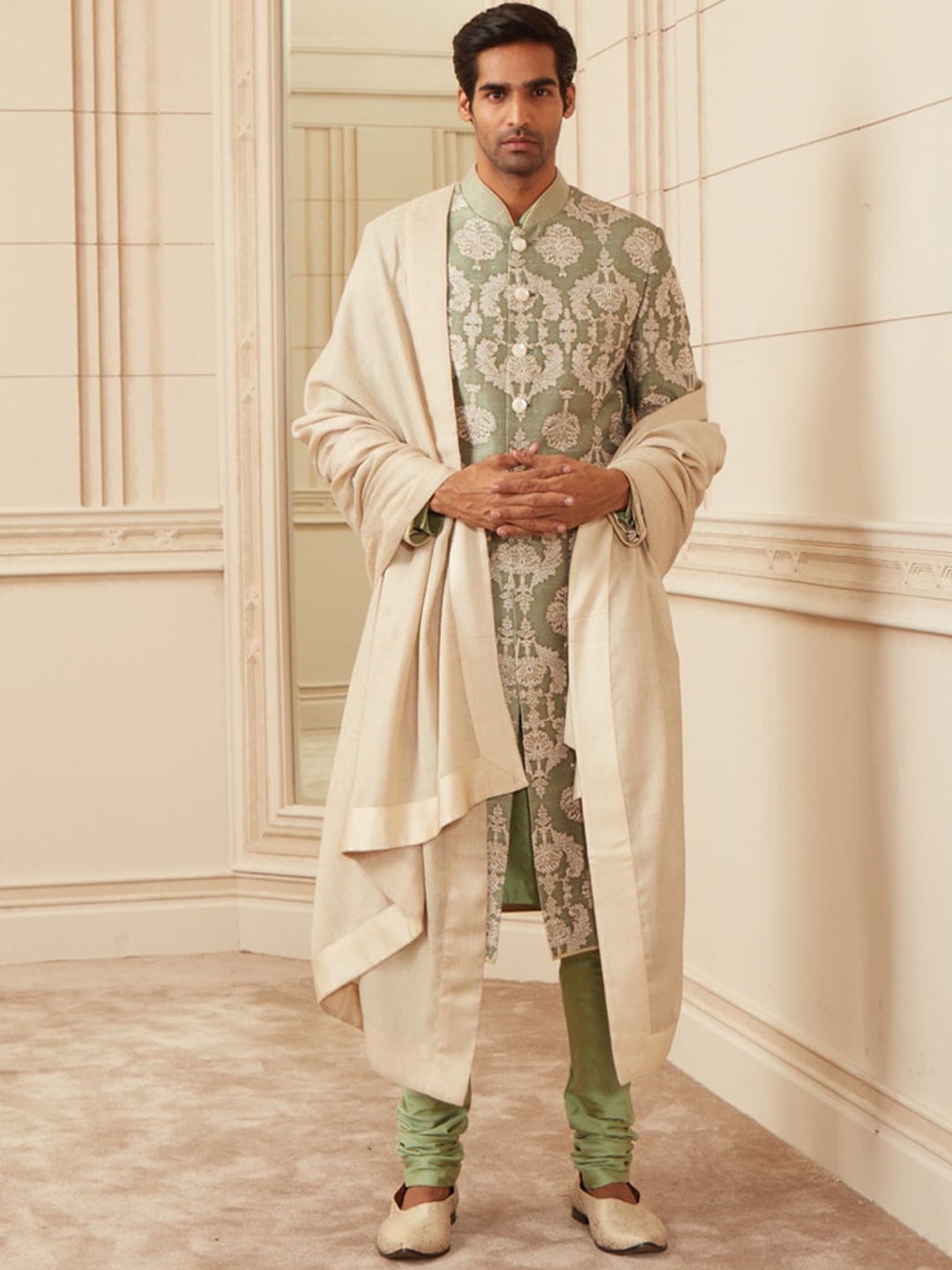 

Tasva Men Green Printed Silk Sherwani Set