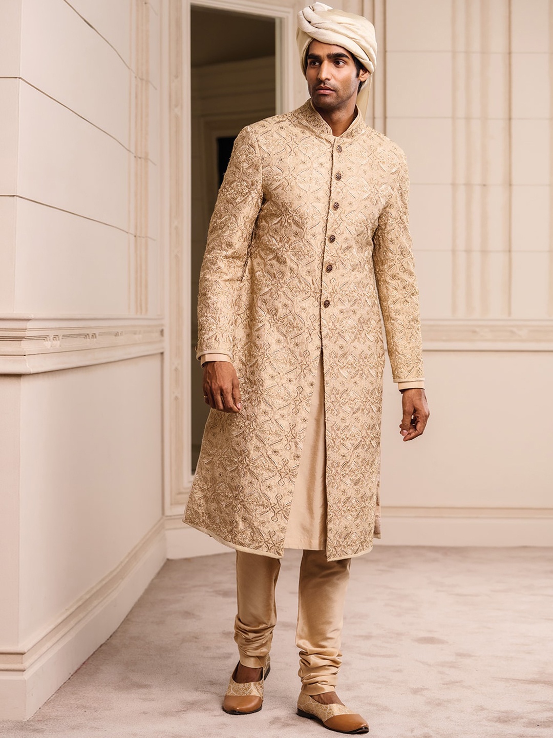 

Tasva Men Beige Coloured Embroidered Silk Sherwani Set