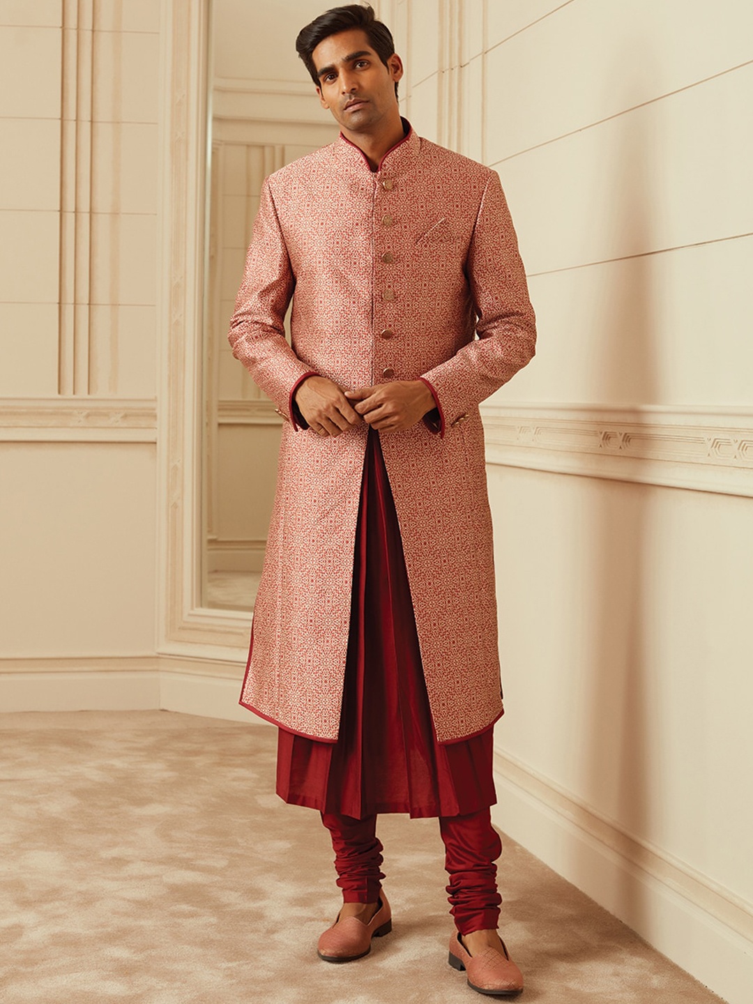 

Tasva Men Red Woven-Design Sherwani Set