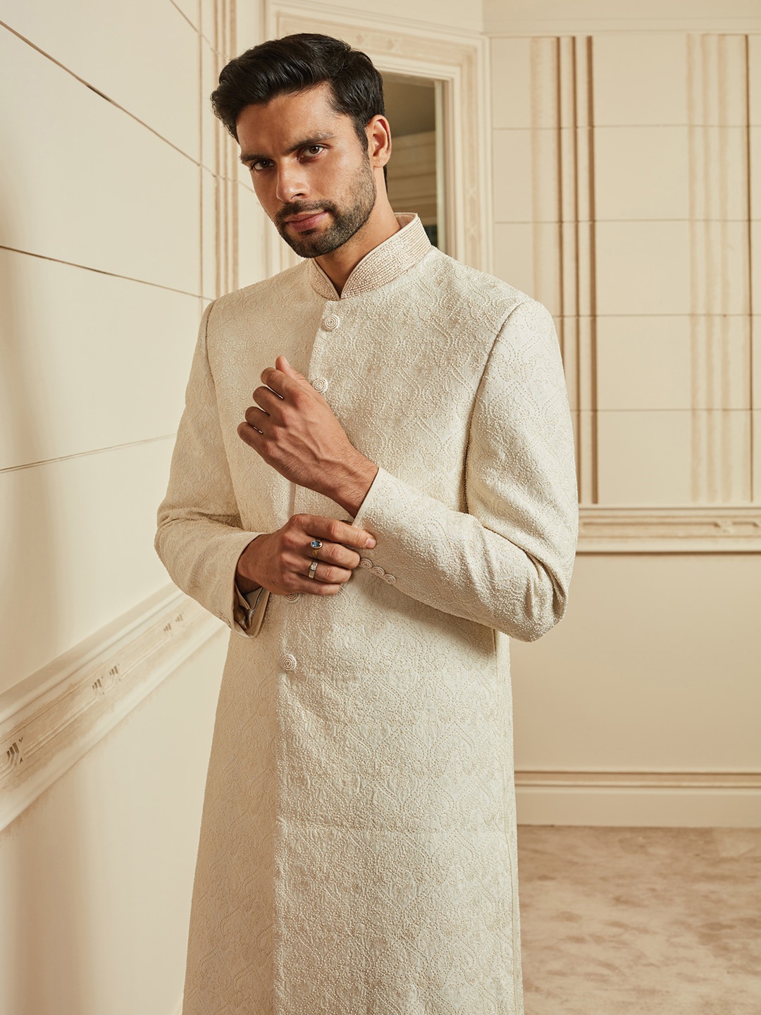 

Tasva Men Off White Printed Sherwani Set