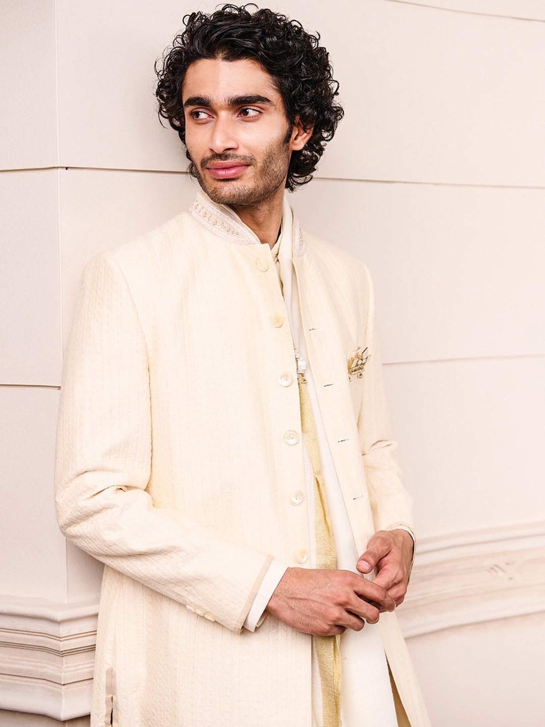 

Tasva Men Beige All Over Textured With embroidered Collar Detail Sherwani Set