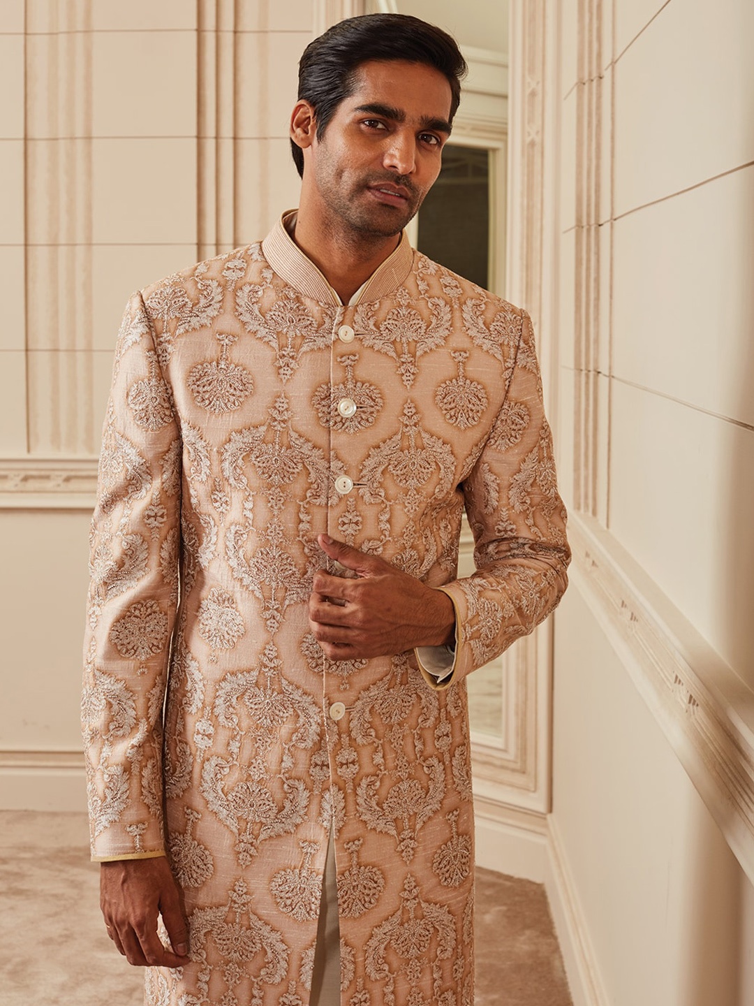 

Tasva Men All Over Peral Highlights Printed Sherwani, Beige