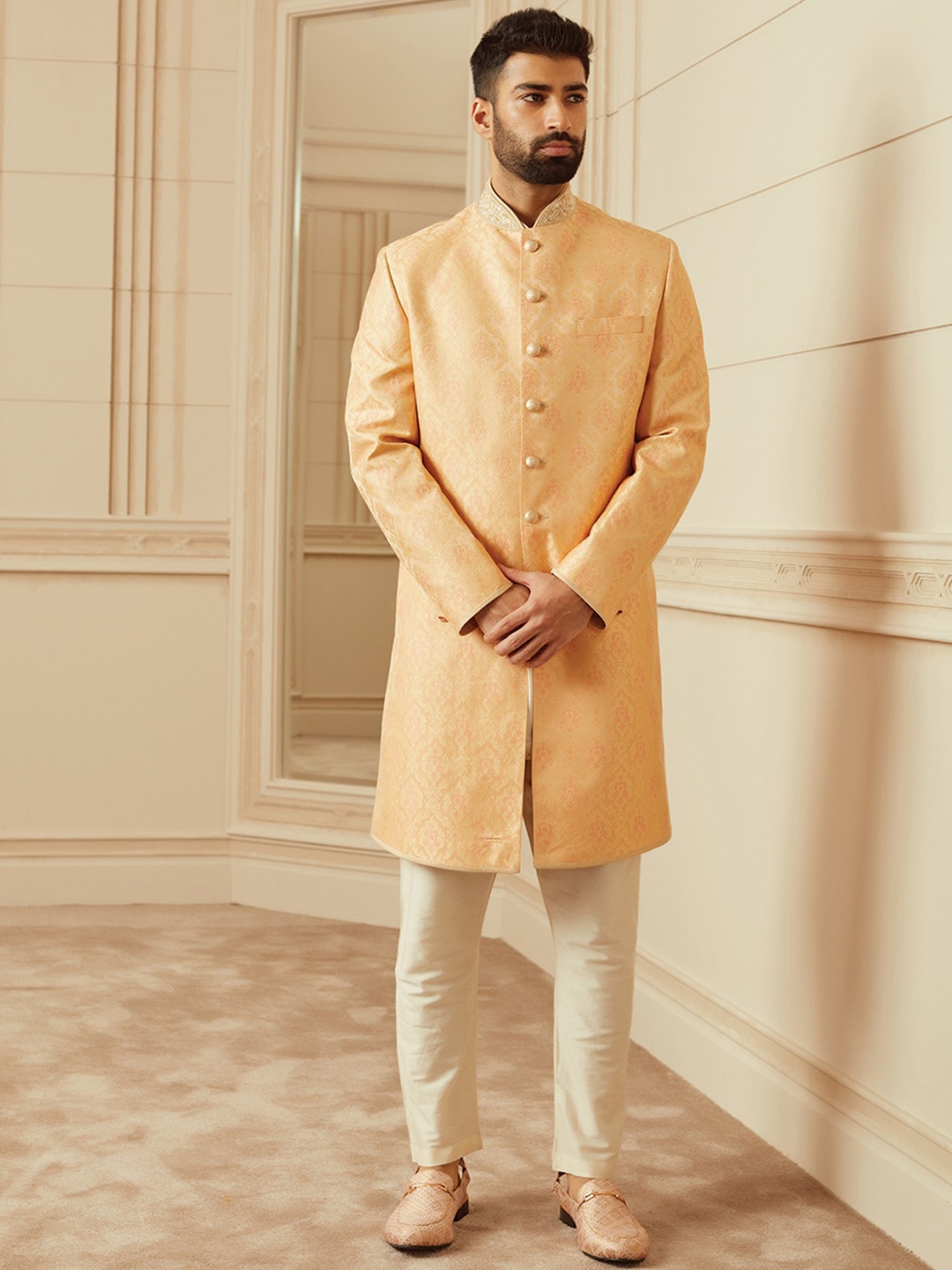 

Tasva Men Orange & Off-White Woven Design Brocade Achkan Set
