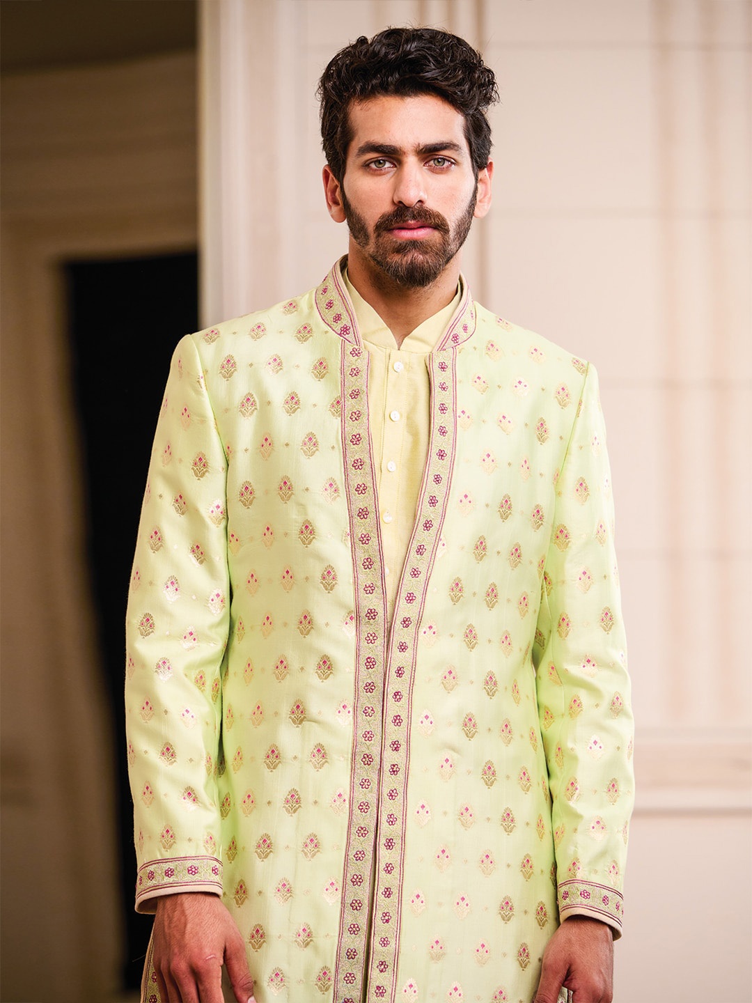 

Tasva Men Mint-Green Woven-Design Sherwani