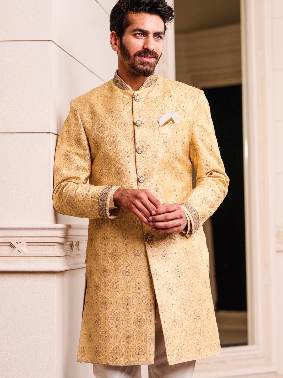 

Tasva Men Aligarhi Resham Brocade Achkan, Gold