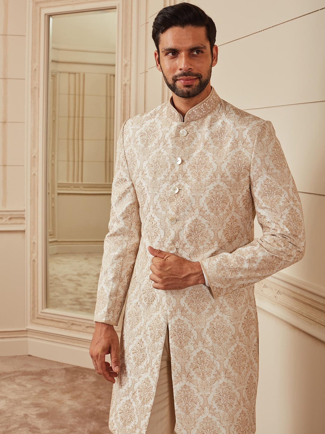 

Tasva Men Embroidered Pure Silk All Over Resham Embroidery With Zardozi Sherwani Set, Off white