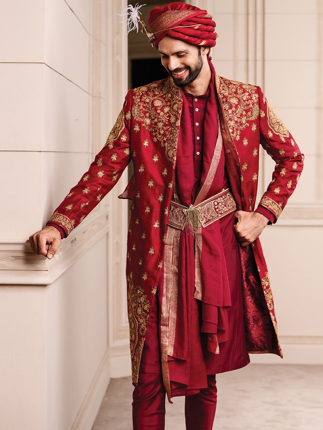 

Tasva Men Silk Embroidered Sherwani, Maroon