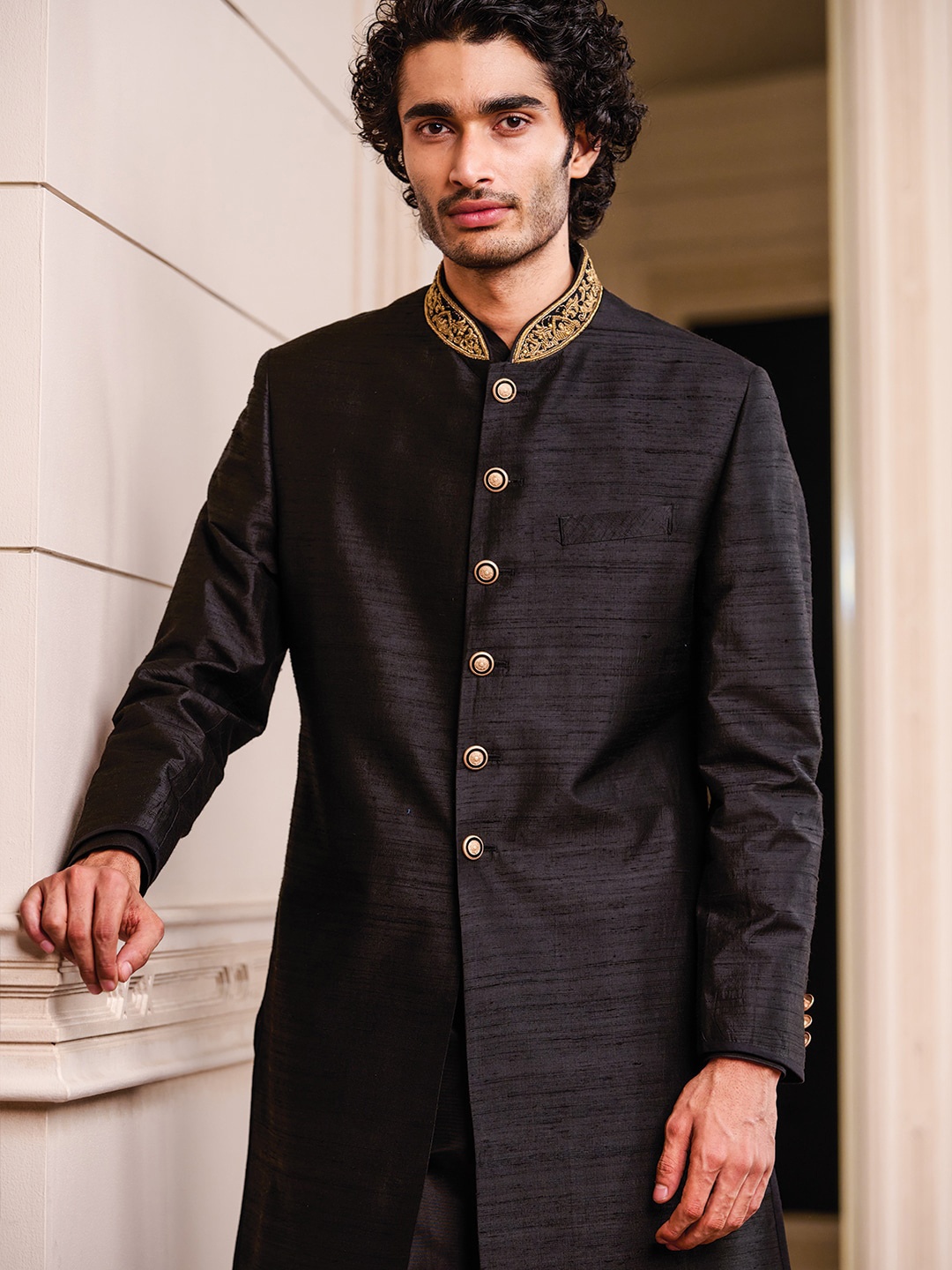 

Tasva Men Black Zardozi Embroidered Collar Classic Achkan
