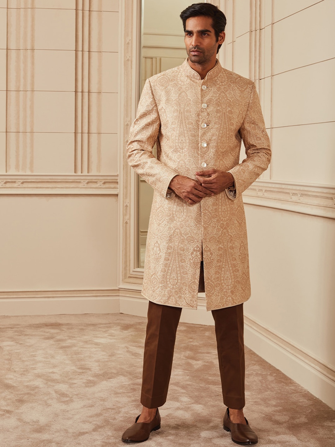 

Tasva Men Beige Embroidered Silk Achkan