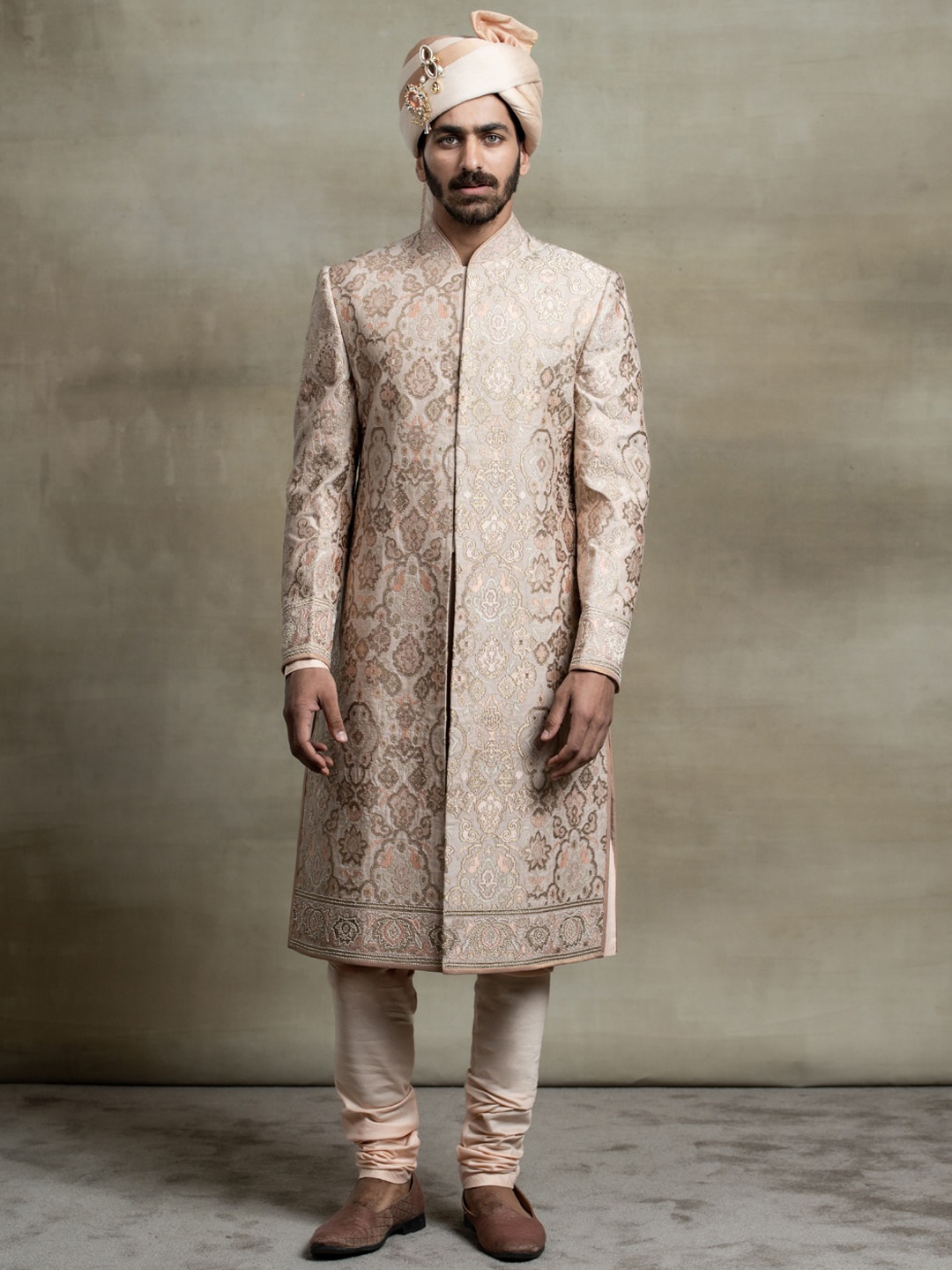 

Tasva Men Pink Embroidered Sherwani Set