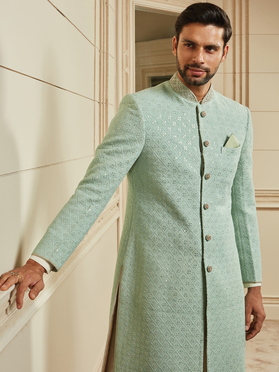 

Tasva Men Green Embroidered Aari Work Sequined Sherwani Set