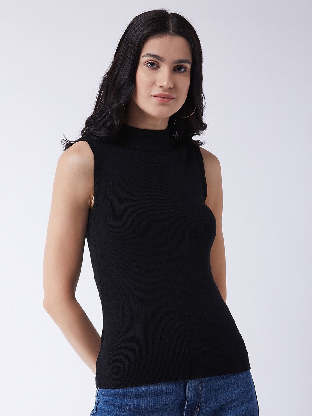 

RVK Women Black Ribbed Acrylic Pullover Sweater