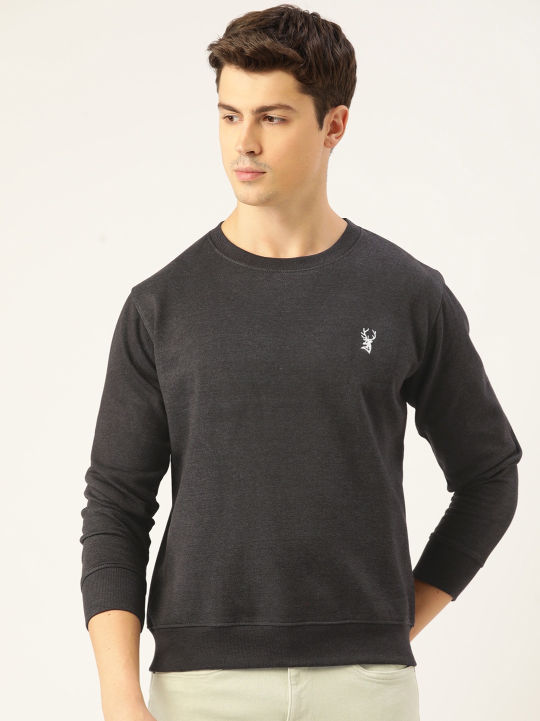 

PORTBLAIR Men Charcoal Grey Solid Relaxed Fit Sweatshirt