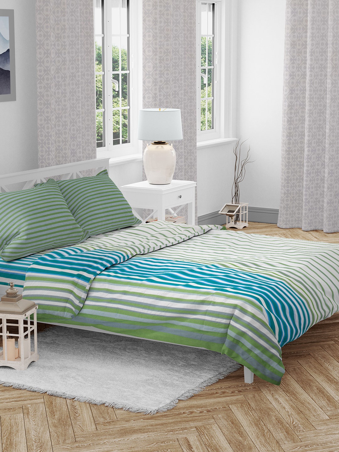 

HomeTown Green Striped Double Queen Cotton Bedding Set