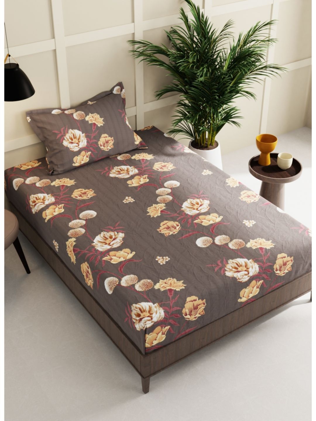 

BIANCA Floral 150 TC Single Bedsheet with 2 Pillow Covers, Brown