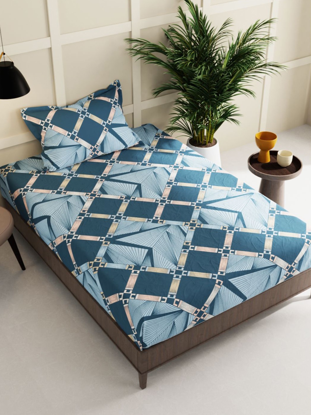 

BIANCA Geometric 150 TC Single Bedsheet with 2 Pillow Covers, Blue