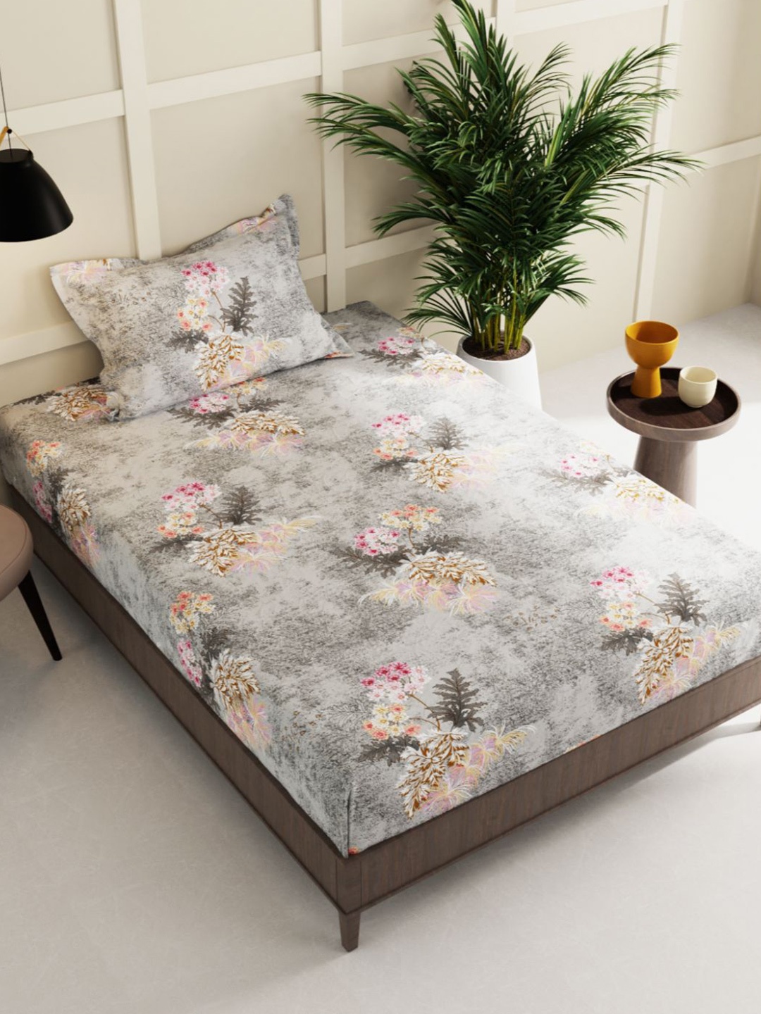 

BIANCA Floral 150 TC Single Bedsheet with 2 Pillow Covers, Grey