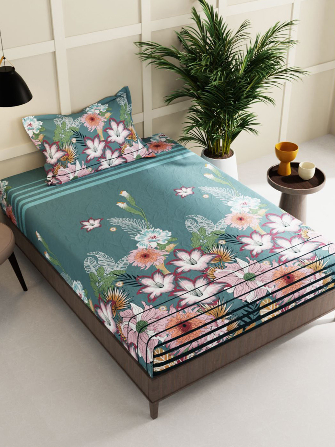 

BIANCA Floral 150 TC Single Bedsheet with 2 Pillow Covers, Green