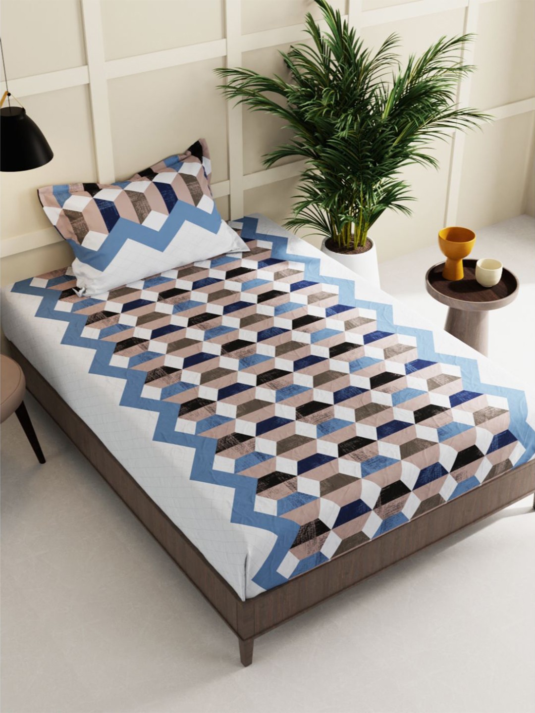 

BIANCA Geometric 150 TC Single Bedsheet with 2 Pillow Covers, White