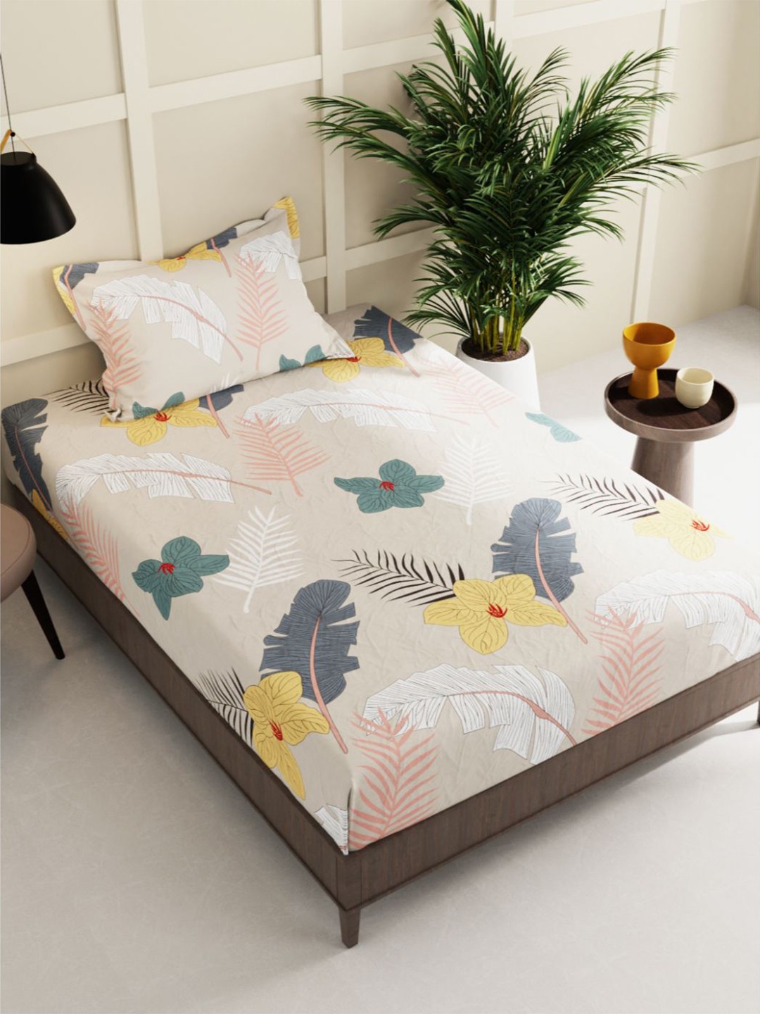 

BIANCA Floral 150 TC Single Bedsheet with 2 Pillow Covers, Brown
