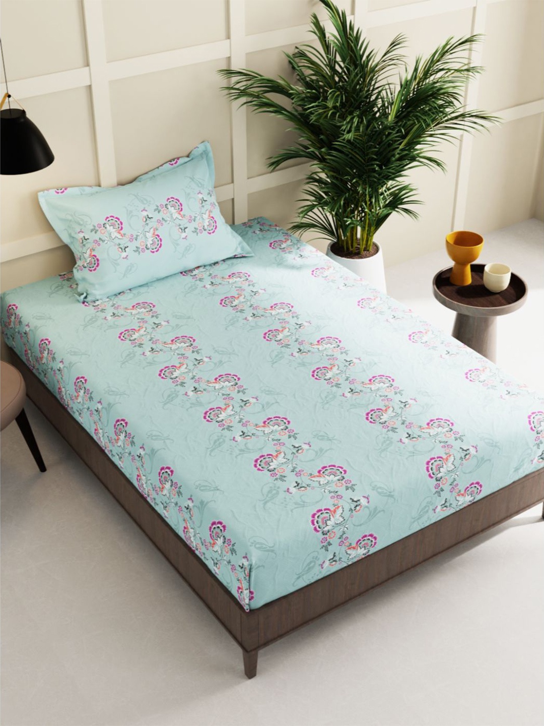 

BIANCA Floral 150 TC Single Bedsheet with 2 Pillow Covers, Green